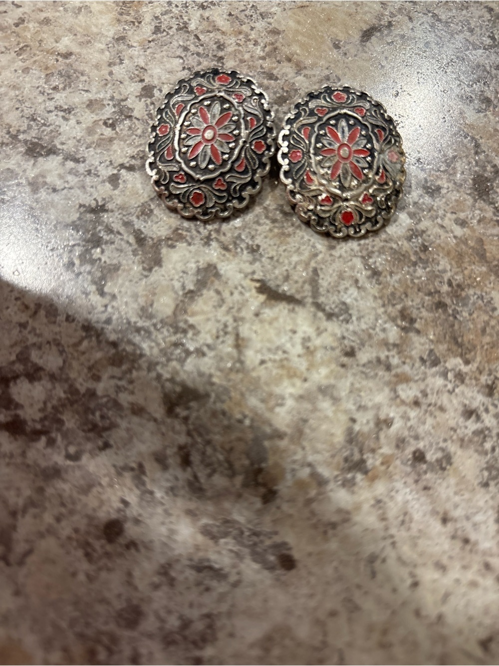 Vintage-Style Red Floral Silver Tone Clip-On Earrings